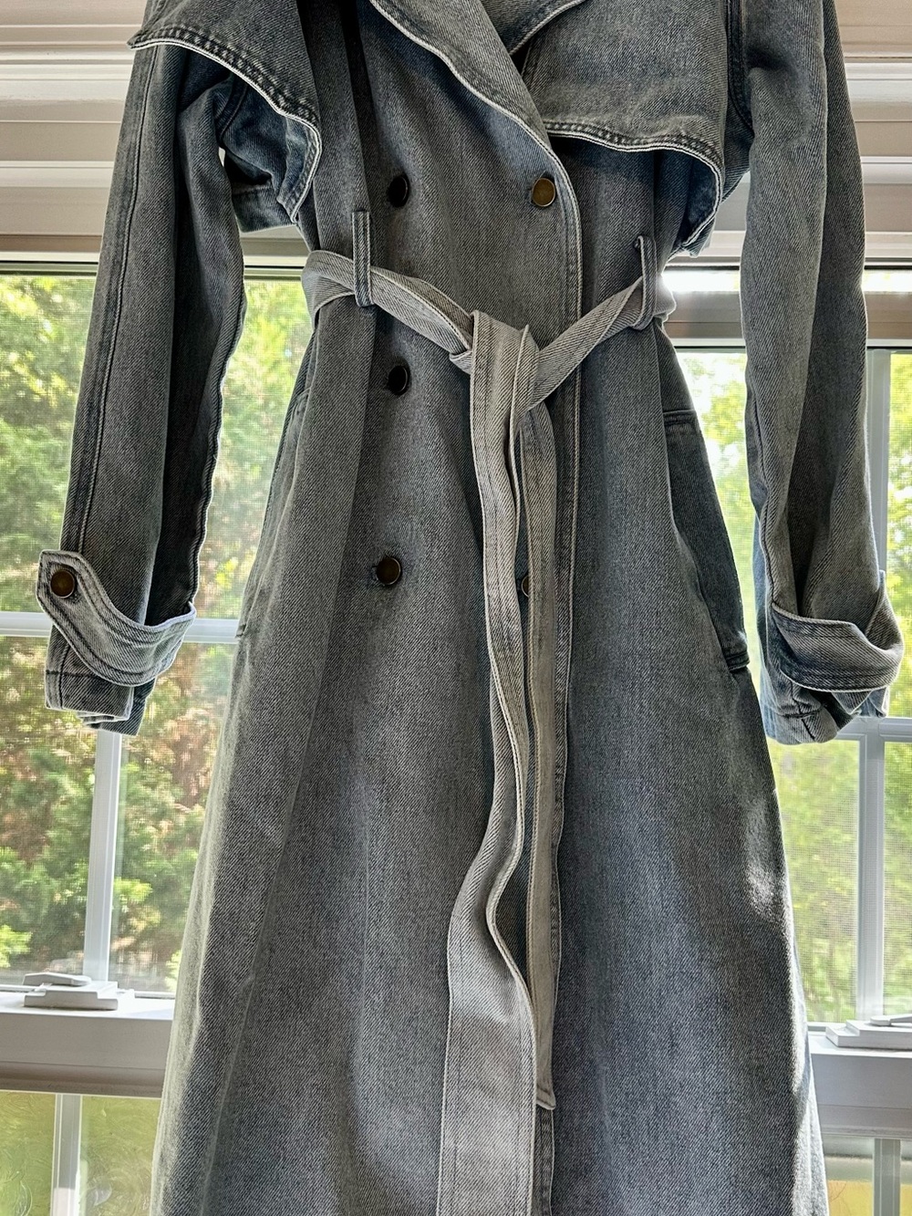 Belle & Bloom Long Denim Trench Coat Belted Maxi Duster Jacket XS